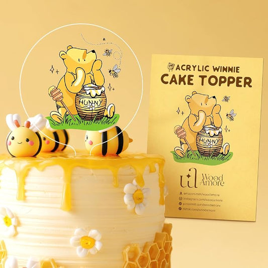 Woodamore Classic Pooh Baby Shower Cake Topper - Acrylic Cake Topper Baby Shower Decorations, Pooh Cupcake Toppers Winnie Birthday Decorations