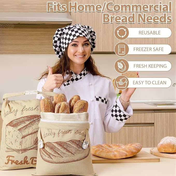 Hsei 5 Pack Beeswax Bread Bags for Sourdough & Homemade Bread 17 x 13'' XL Reusable Organic Linen Wraps with Sealing Zip for Fresh Food Storage Loaf Fresh Freezer Baker Gift