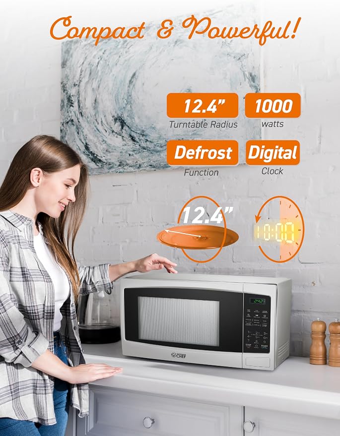 Commercial Chef 1.1 Cu. Ft. Countertop Microwave Oven, Touch Controls with Digital LED Display, 1000W Small Microwave with 12.4” Turntable Plate, Push Button Door, 10 Power Levels, CHM11MW, White