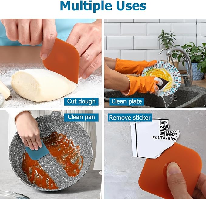 15 Pcs Pan Scrapers, Plastic Pot Scraper, Dish Scraper Tool for Kitchen Cast Iron Skillet Cookware Cleaning (5 Brown+5 Blue+5 Orange）