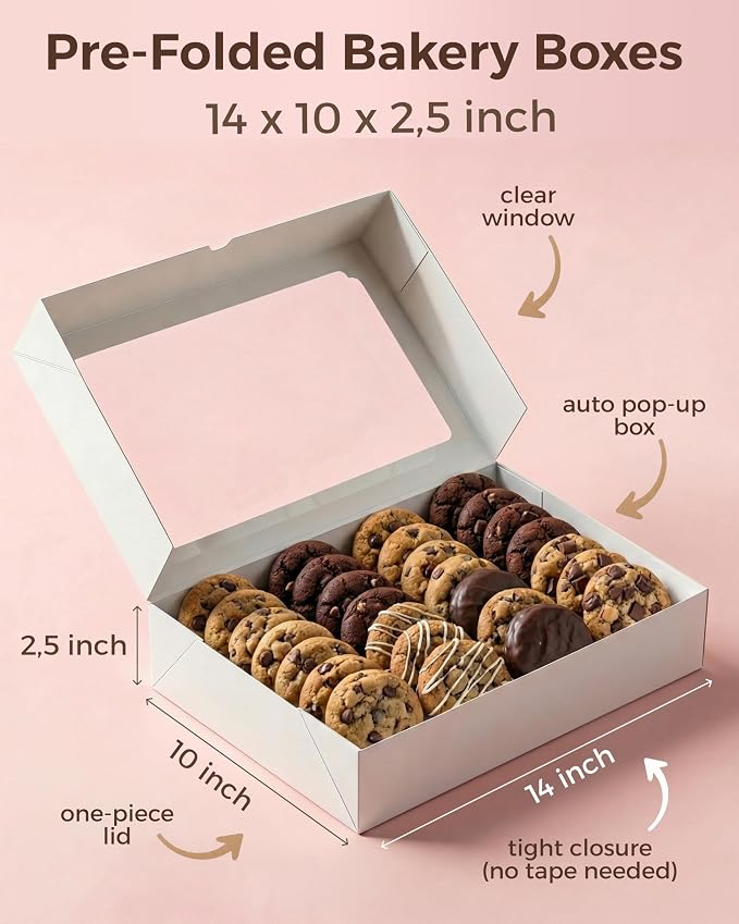 20pcs Cookie Boxes with Window 14x10x2.5 inch, Large Bakery Boxes, Auto-Popup Treat Box for Desserts, Chocolate Covered Strawberries, Breakable Heart, Pastries, Cajas Para Postres with 80 Stickers