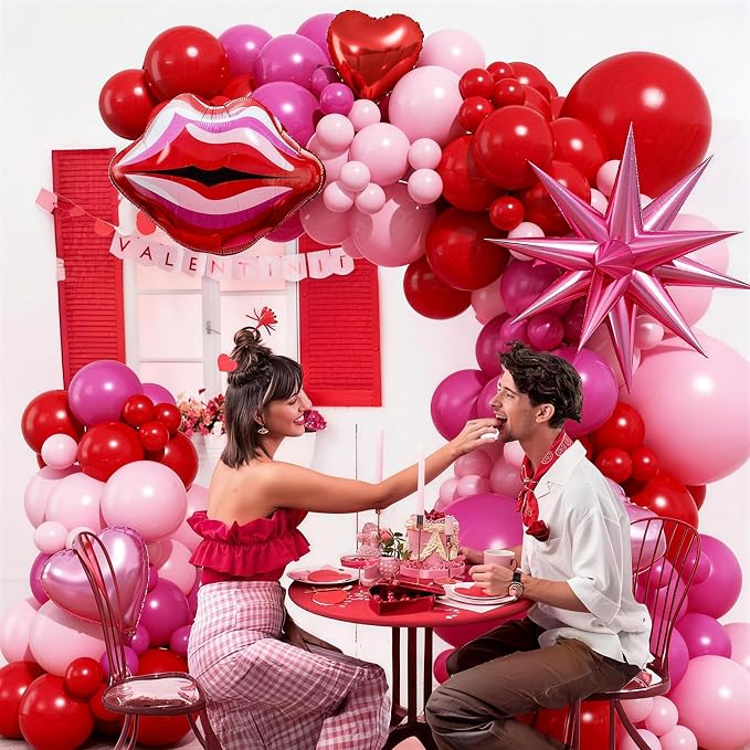 Valentines Day Balloon Arch Kit Hot Pink Red Balloon Garland with Lip Heart Star Foil Balloons Rose Red Baby Light Pink Galentines Party Decorations for Proposal Engagement Wedding Mothers, 97Pcs