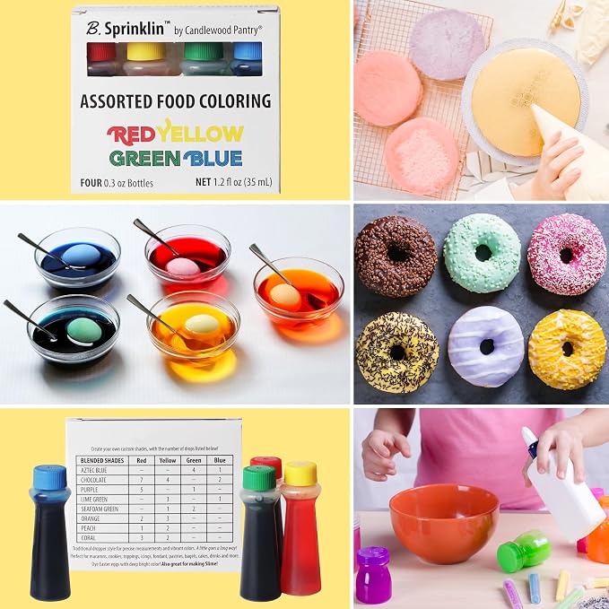 B. Sprinklin Liquid Food Coloring Kit Assorted Variety (2 Pack) 0.3 fL Oz - Vibrant Food Dye for Slime Crafts, Frosting Icing and Cake, Egg Decorating by Candlewood Pantry