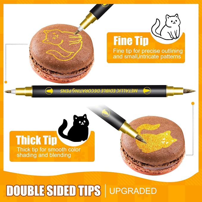 Edible Markers - 10 pcs Dual Sided Food Coloring Pens with Fine ＆ Thick Tip, Edible Food Safe Paint for Cake Decorating, Cookies, Fondant, Frosting, Icing, Easter Eggs, Food Grade Gourmet Writers
