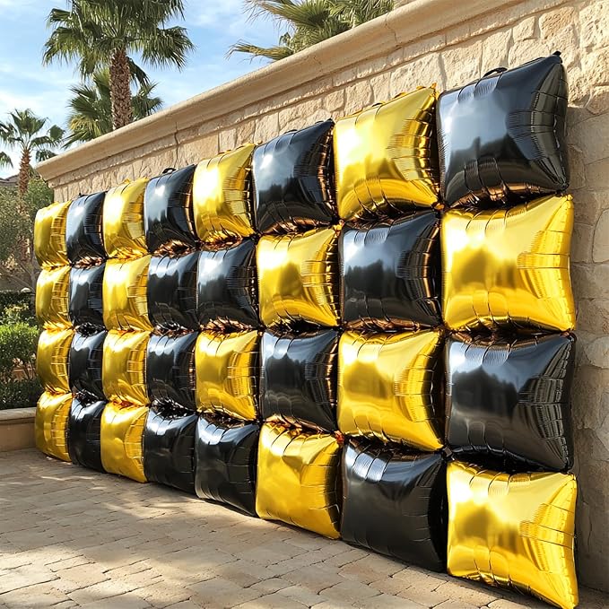 NISOCY 48PCS Black Gold Square Foil Balloons Wall Backdrop Double Sided Metallic Black Gold Balloon Arch Kit for New Years Graduation Anniversary Birthday Engagement Baby Shower Party Decorations