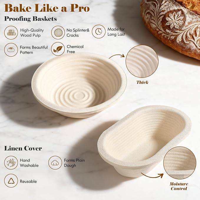 Sourdough Starter Kit with Aliquot Jar, Wood Pulp 9" Round & 10" Oval Bannetons & 34 oz Sourdough Starter Jar & Bread Sling Scrapers & Bag Complete Sourdough Baking Supplies