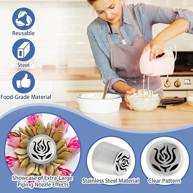 1Pack Extra Large Stainless Steel Rose Petal Piping Tip, Cotton Candy Paste Flower Bouquet Cream Nozzle for Cakes Cupcakes Desserts Puffs Tool for Cake Decoration Pastry Baking (XXL,Style 36)