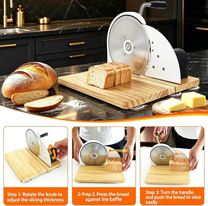 Manual Bread Slicer for Sourdough Bread, Adjustable Thickness Foldable Bread Cutter with Hand Crank, Stainless Steel Blade Bread Slicer (White, Machine)