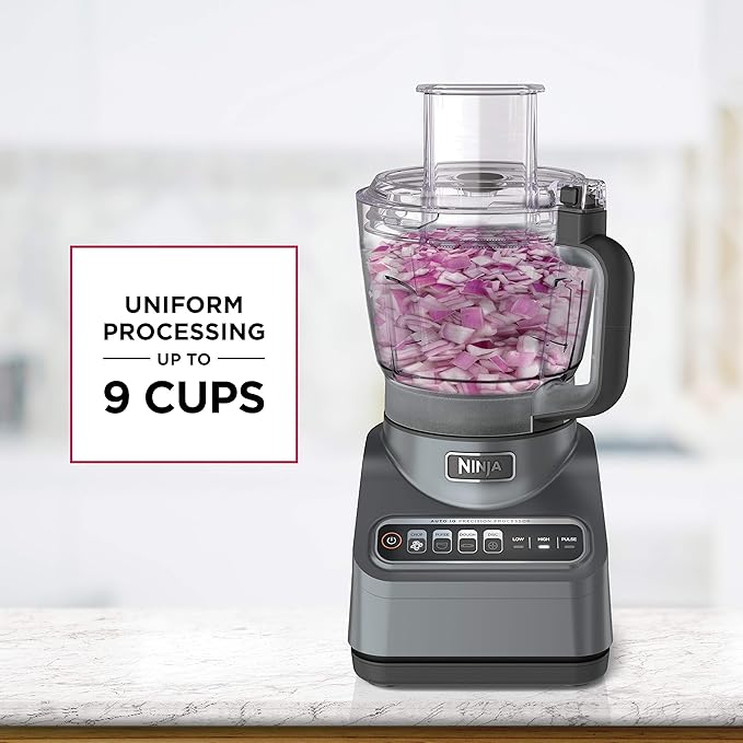Ninja BN601 Professional Plus Food Processor 1000-Peak-Watts with Auto-iQ Preset Programs Chop Puree Dough Slice Shred with a 9-Cup Capacity and a Silver Stainless Finish (Renewed)