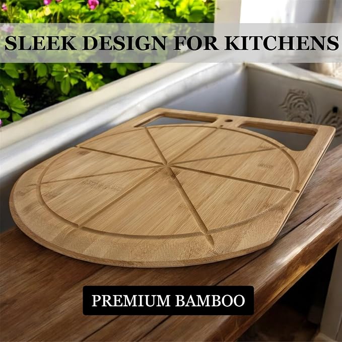 Wooden Pizza Peel & Round Cutting Board | Dual-Grip 2-in-1 Bamboo Pizza Paddle Board for Baking, Pizza Spatula & Large Cutting Board for Pizza | Pizza Turning Peel for Baking Accessories, 17” X 13.5”