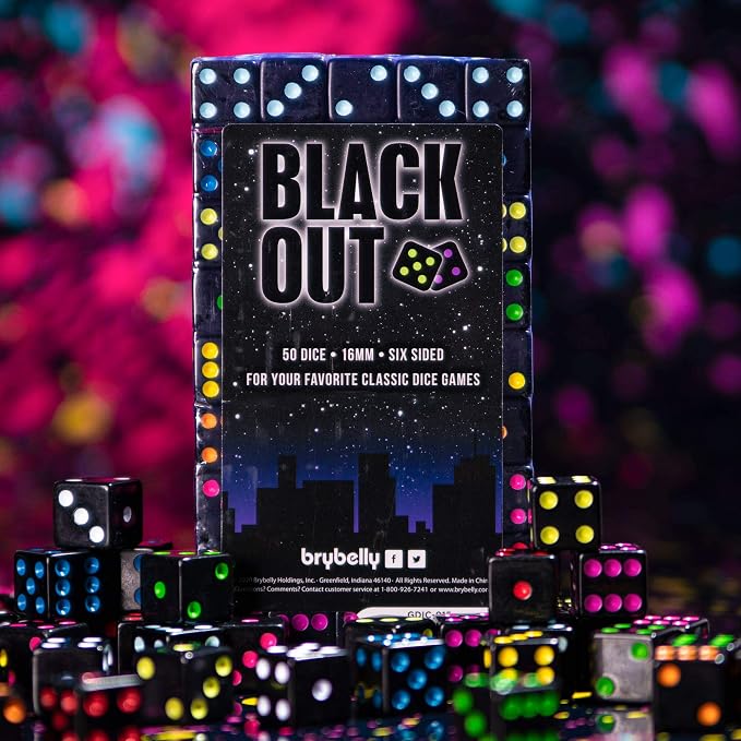 Brybelly Blackout Dice, 50-Pack — 16mm Six-Sided Black Game Dice with Neon Pips — 10 Color-Coded Sets of 5 for Liar's Dice, Farkle, Yacht & Classic Tabletop Games