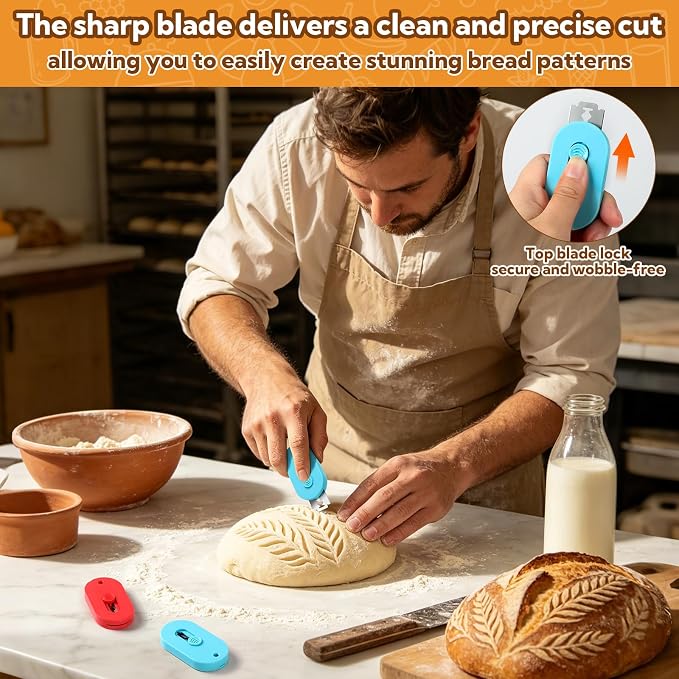 VZZNN 8 Pack Professional Bread Lame,Extractable & Magnetic Bread Lame Dough Scoring Tool for Sourdough Bread baking & Bread Making Tools Scoring Patterns booklet & 20 Razor Blades(Blue+Red)