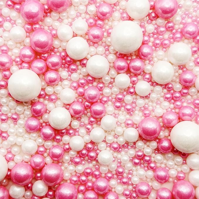 CandiJumpin Edible Pearls for Cake Decorating, Hot Pink and White Pearl Sprinkles Hot Pink Sugar Pearls Edible Cake Decorations White Pearl Sugar Sprinkles Cupcake Toppers Baby Shower Party Birthday Wedding Christmas Supplies 3 OZ