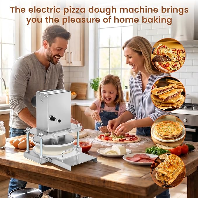 8.6" Electric Pizza Dough Press Machine– Stainless Steel Electric Dough Sheeter for Bakery, Home & Commercial Use, Electric Pizza Press for 1-2 People Includes 400 Parchment Paper