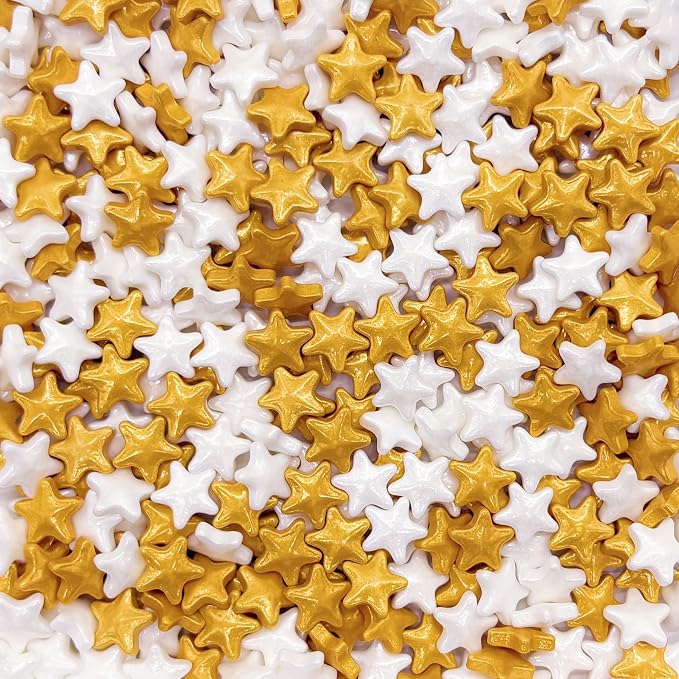 Dynastang Gold & White Stars Sprinkles Edible Stars Cake Decorating Stars Cake Decorations Cupcake Toppers Cookie Decorating Perfect for Cakes, Cupcakes, Desserts Toppings 3OZ