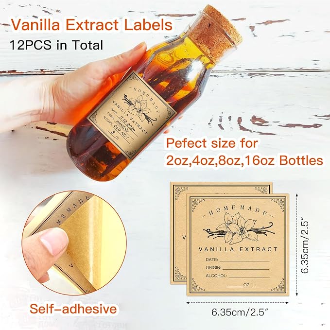 HVSWLY 12 PCS Vanilla Extract Labels,Vanilla Instruction Labels for Handcrafted Vanilla Bottles,2.5"×2.5",Minimalist Homemade Vanilla Extract Stickers