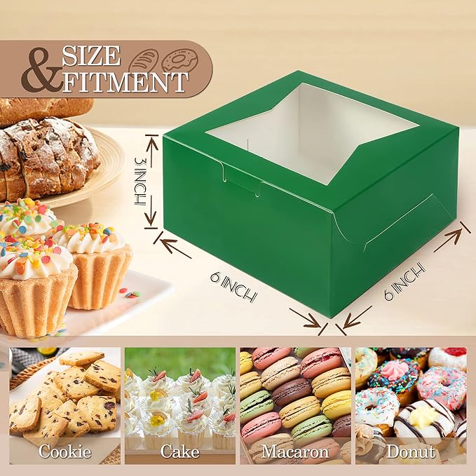 KPOSIYA 65PCS Bakery Boxes with Window 6x6x3 Inches 5 Style Cookie Boxes Small Pastry Boxes for Candy, Dessert, Pastry, Donuts, Birthday Party, Wedding(Green)