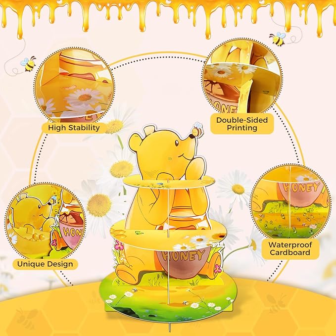 BACUTHY 2 Pack Winnie Baby Shower Decorations Birthday Cupcake Stands: Bear Party Theme Cake Stand Toppers Supplies for Girl Boy Kids Gender Reveal First Party - Hold 48pcs Cupcakes Table Decors