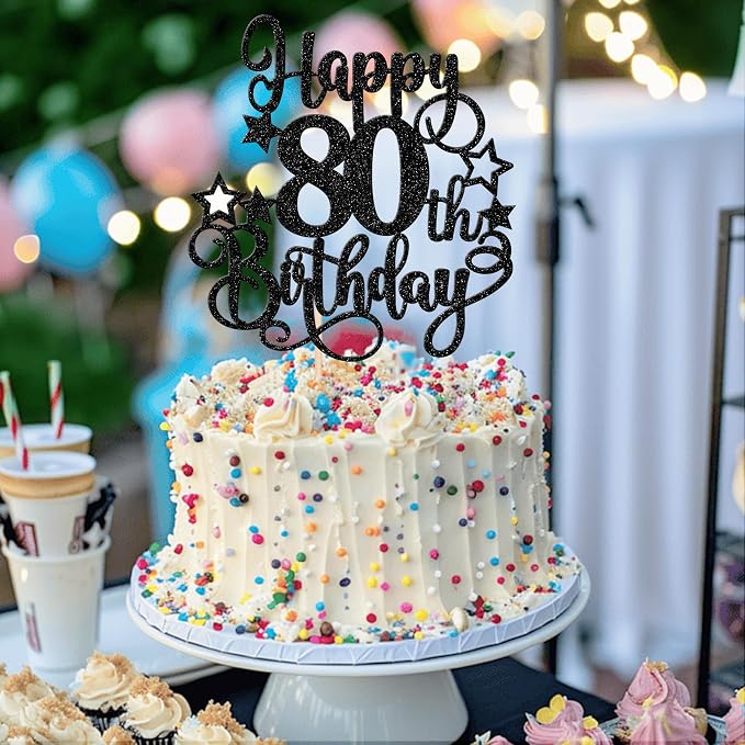1 PCS Happy 80th Birthday Cake Topper Glitter Cheers to 80 Years Birthday Cake Pick Hello 80 Fabulous Cake Decoration for Happy 80th Birthday Anniversary Party Decorations Supplies Black
