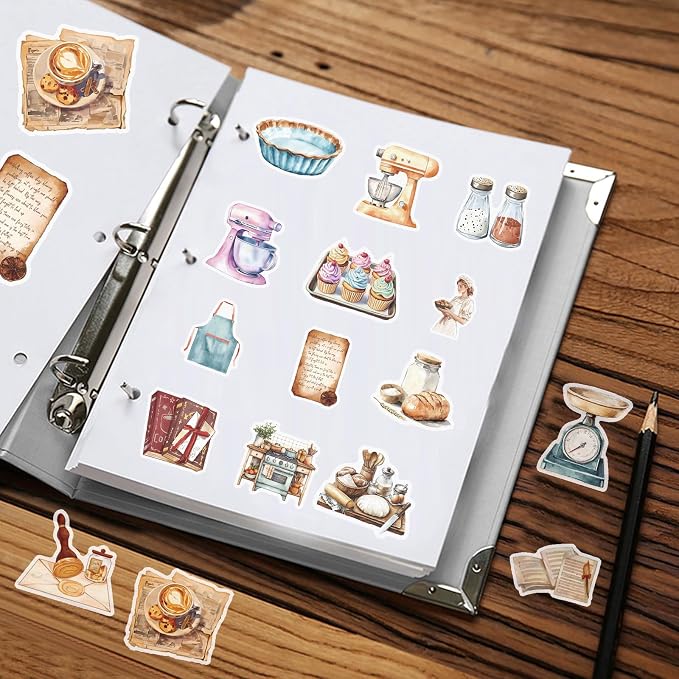 100pcs Cute Kitchen Baking Stickers Realistic Bakery Transparent Recipe Waterproof Food Stickers Pack for DIY Scrapbook Water Bottles,Laptop,Funny Bakery Themed Party Decorations