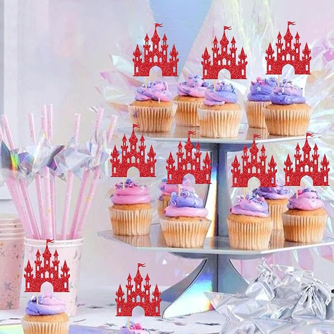 24 PCS Princess Castle Cupcake Toppers Glitter Princess Cupcake Toppers Queen Castle Theme Birthday Party Cake Decoration for Girls Princess Baby Shower Happy Birthday Party Decorations Supplies Red