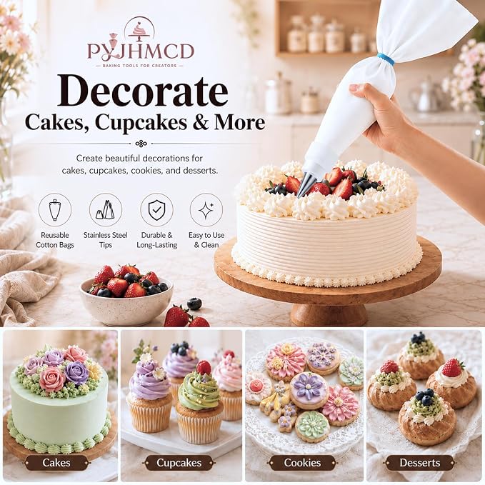 Reusable Piping Bags and Tips Set – 16" Cotton Pastry Bags Durable Cotton Exterior,Easy to Clean for Cake Decorating, Cupcakes & Cookies – Eco-Friendly Baking Kit for Home Bakers & Beginners