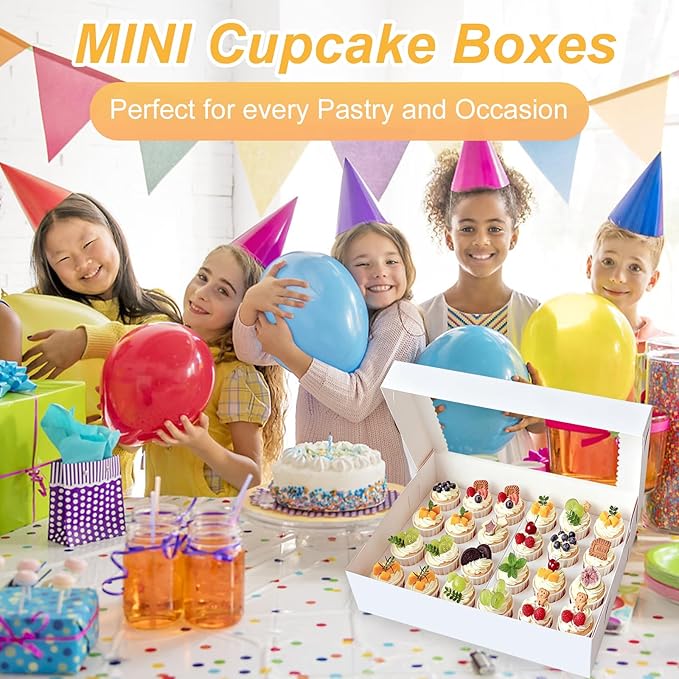 6 Pack White Mini Cupcake Boxes Holder for 24 Cupcakes, Food Grade Dessert Muffins Box Containers with Window and Inserts for Birthday Holiday Party Bakery Supplies