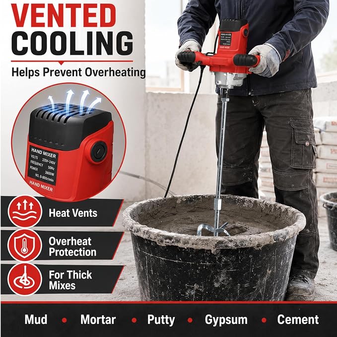 2100W Cement Mixer, 110V 6-Speed Handheld Electric Concrete & Mortar Mixer with Paddle, Copper Motor Mud Mixer for Paint, Grout, Thinset, Drywall Mud, Self-Leveling Cement and DIY Home Projects