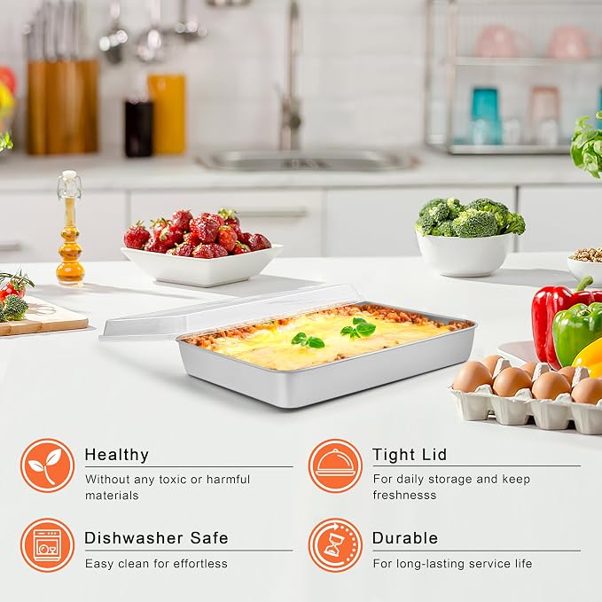 Herogo Baking Pan with Lid (2 Pans + 2 Lids), 7 x 9 Inch Stainless Steel Nonstick Deep Bakeware, Rectangle Cakes Bakeware for Brownies Casseroles, Non Toxic & Dishwasher Safe