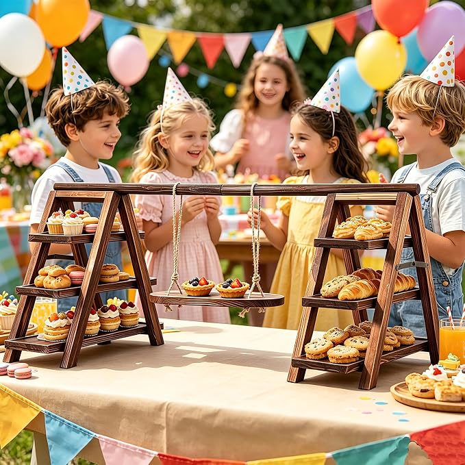 3-Tier Ladder Cupcake Display Stand Foldable Rustic Dessert Table Serving Tray Wooden Snack Platter Tower Food Holder for Cake Donut Fruit Cookie Party Wedding Birthday Baby Shower