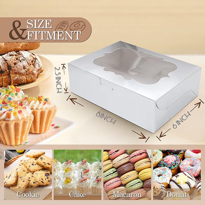 KPOSIYA 65 PCS 8x6x2.5 Inch Cookie Boxes with Window Silver Bakery Boxes Pastry Boxes for Gift Giving, Treat, Dessert, Cupcakes, Chocolate, Strawberries, Donuts, Muffins (5 Style Windows)
