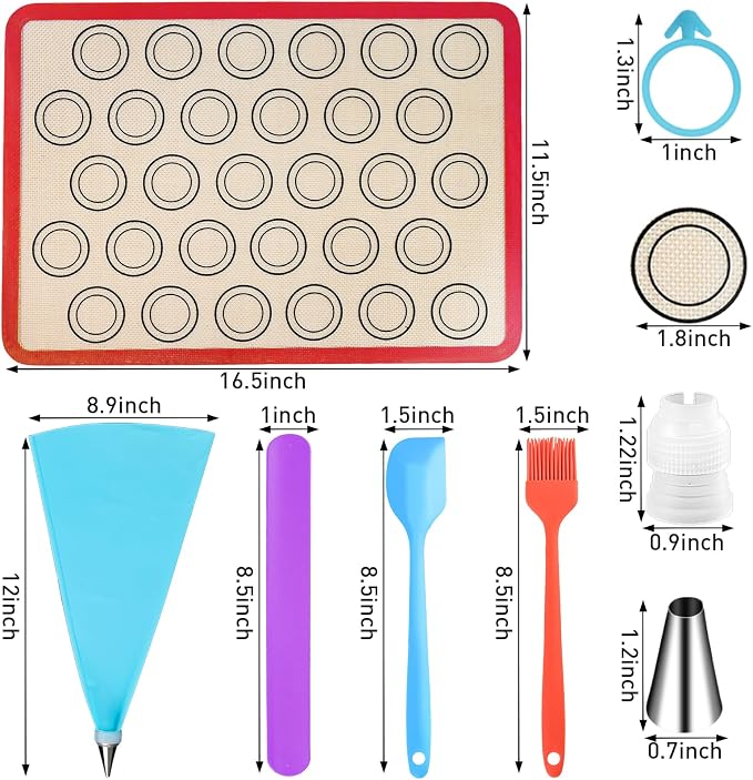 44 Pcs Macaron Silicone Baking Kits, Macaron Baking Supplies,2 Macaron Silicone Baking Mats,24 Piping Tips,4 Piping Bags,4 Cable Ties,4 Connectors,2 Brushes,2 Scrapers,and 2 Tapping Rings