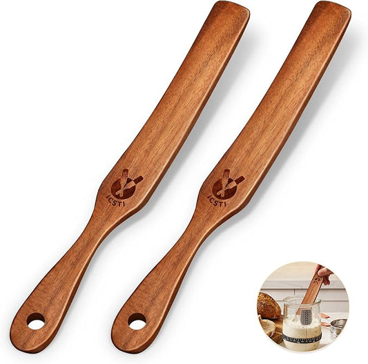 2 Pack Wooden Spurtle for Sourdough Starter, Mixing, Reaching Bottom of Jar, Dough Whisk, Natural from High Moist Resistance Teak, Spurtles Kitchen Tools Wooden Kitchen Utensils for Baking, Cooking