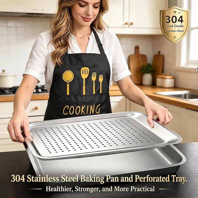 17.5" Half Sheet Baking Pan & Crisping Tray, 18/8 Stainless Steel | 2-Pack, Heavy Duty, Commercial Grade 304SS, 2" Deep Solid & 1" Perforated Tray, For Roasting Draining, Oven & Dishwasher Safe