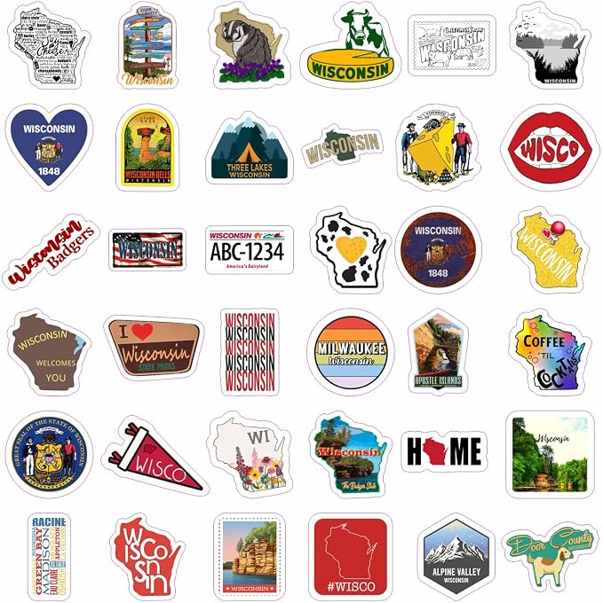 BulbaCraft Wisconsin Stickers for Water Bottle and Laptop - Wisconsin Party Supplies & Decorations, Waterproof Vinyl Decals, State Pride and Icon Stickers, Gifts for Women & Men