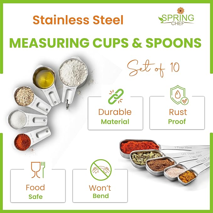 Spring Chef Stainless Steel Measuring Cups and Spoons Set of 10, Nesting Kitchen Metal Measuring Cups and Spoons Set for Dry and Liquid Ingredients, Perfect for Cooking & Baking