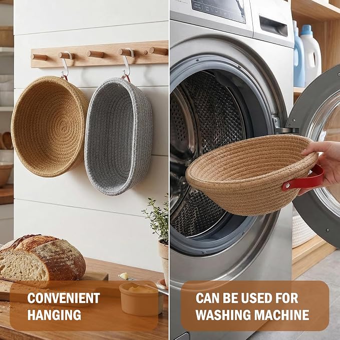 2 Pack Bread Proofing Basket Set, Cotton Rope Banneton with Liners & Covers, Oval & Round in Grey & Coffee for Sourdough and Artisan Bread Baking