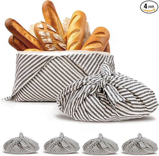 yeload 4 Pack Beeswax Bread Bags, Striped Linen Bento Bags, 14" Cotton Loaf Bag, Reusable Organic Food Storage, Sourdough Bag, Rustic Farmhouse Azuma Bukuro Origami Wrap for Baked Gifts (Black, 4)