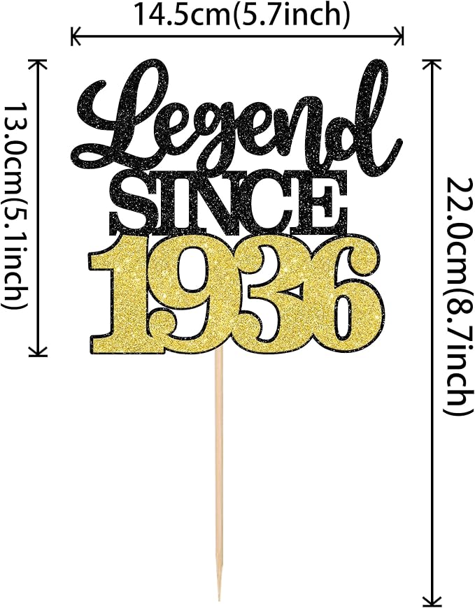 1 PCS Legend Since 1936 Cake Topper Black Gold Glitter Ninety Happy 90th Birthday Cake Pick Cheers to 90 Years Birthday Cake Decoration for 90th Birthday Anniversary Party Decorations Supplies