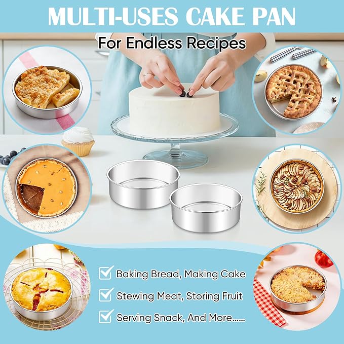 TeamFar 6 Inch Cake Pan, 2 Pcs Round Tier Cake Pan Set Stainless Steel for Baking Steaming Serving, Fit in Oven Pot Air Fryer, Healthy & Heavy Duty, Mirror Finish & Easy Clean, Dishwasher Safe