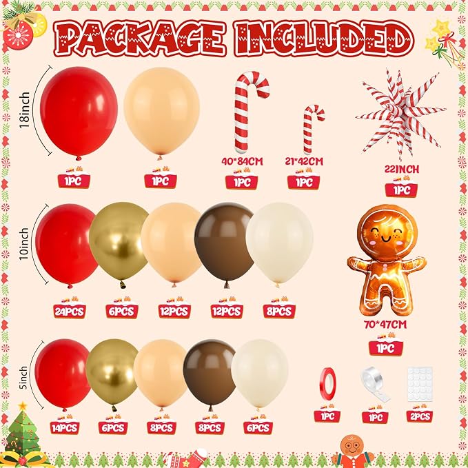 FunHot Christmas Balloon Arch Kit, Xmas Beige Red Balloon Garland, Apricot Brown Red Metallic Gold Latex Balloons with Gingerbread Man Candy Cane Star Foil Balloons for Christmas Party Decorations
