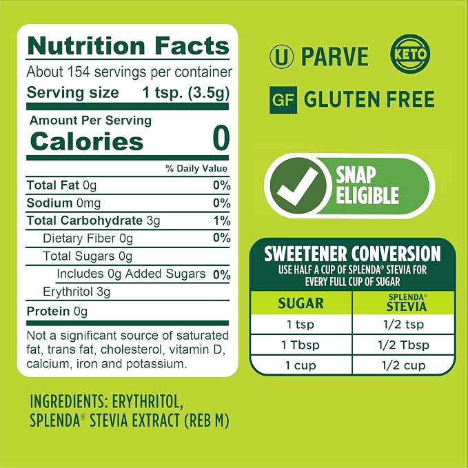 SPLENDA Stevia Zero Calorie Sweetener,Plant Based Sugar Substitute Granulated Powder,19 oz Jar,(Pack of 2)