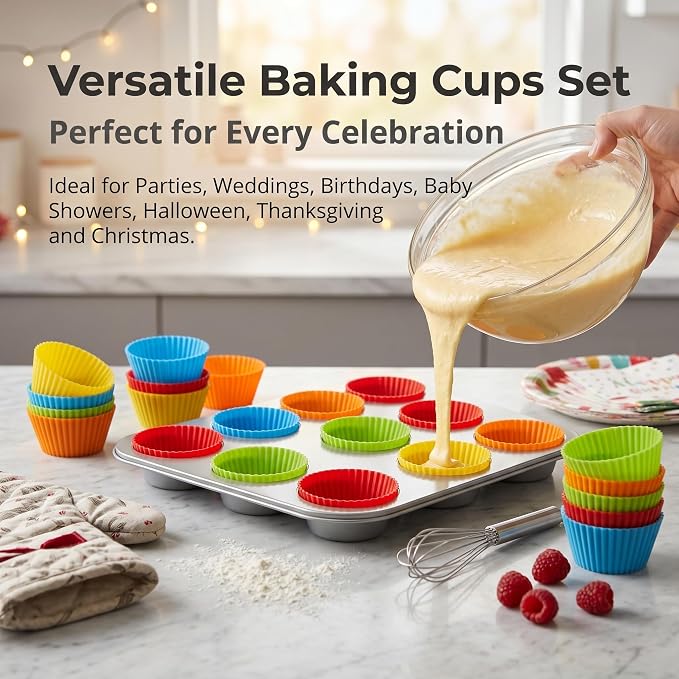 Baking Cups 24 Pack, Multi-color Reusable Silicone Cupcake Liners, Non-stick and Flexible Muffin Pans for Baking, Easy To Clean Cupcake Molds
