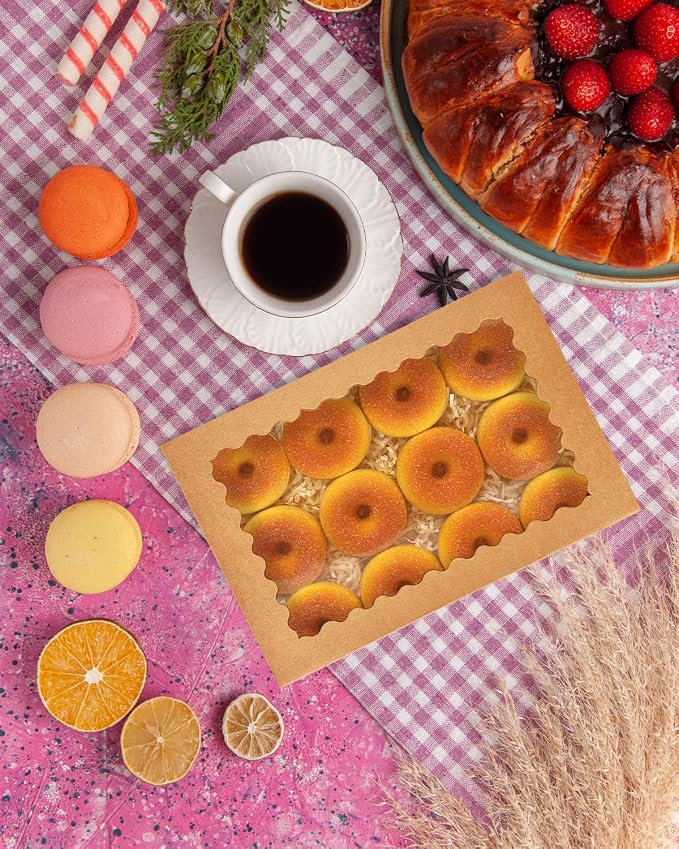 qiqee Auto-pop Up Brown Cookie Box with Window 16x10.5x2.5 Inch 24Pcs Bakery Pastry Macaron Bakery Box for Packaging