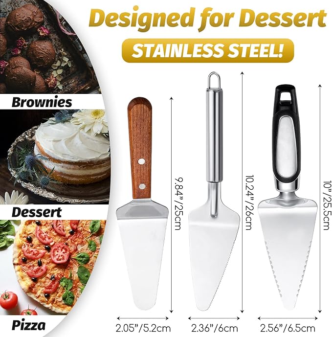 3 Pieces Pie Server Set Stainless Steel Pie Spatula Serrated with Comfortable Handle, Easy to Grip for Cutting and Serving Desserts Pizza and Cake