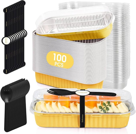 100 Pack Mini Cake Pans with Lids and Spoons, Disposable Aluminum Foil Cake Tins（6.8oz） Individual Small Cake Baking Containers for Party, Wedding, Birthday