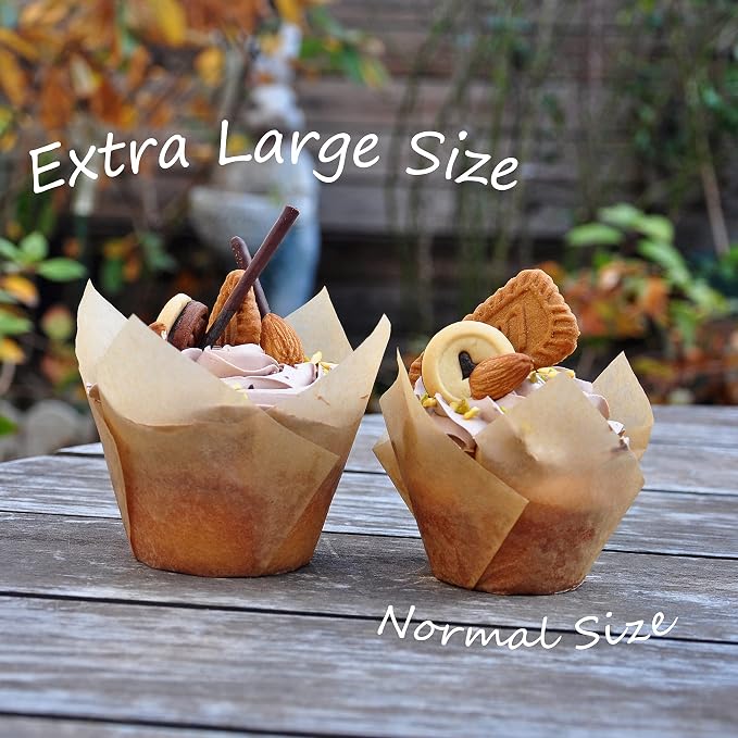 QLSmypkg Extra Large Jumbo Muffin Greaseproof paper Baking cupcake cups, 2-1/4" x 3-3/4" Natural Tulip Baking Cup Case of 125 pcs (Extra Large) (125)