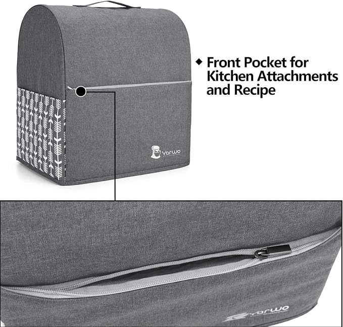 YARWO Stand Mixer Dust Cover Compatible with KitchenAid Mixer 6-8 Quart | Top Handle, Side Pockets for Kitchen Supply, Dust-proof Protective Cover for Bowl-Lift 5.5/6/7 qt, Washable, Gray with Arrow