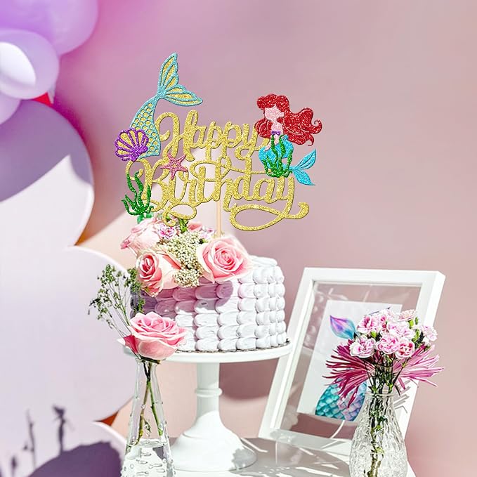 1 PCS Mermaid Happy Birthday Cake Topper - Glitter Mermaid Tail Cake Decoration with Ocean Starfish, Seawood, Seashells for Under the Sea Theme Baby Shower Birthday Party Supplies - Gold