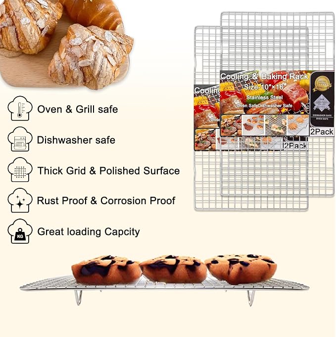 Cleaning Brush Included Cooling Rack for Cooking and Baking - 10" x 15" Set of 2 Stainless Steel, Oven Safe Grid Wire Cookie Cooling Racks